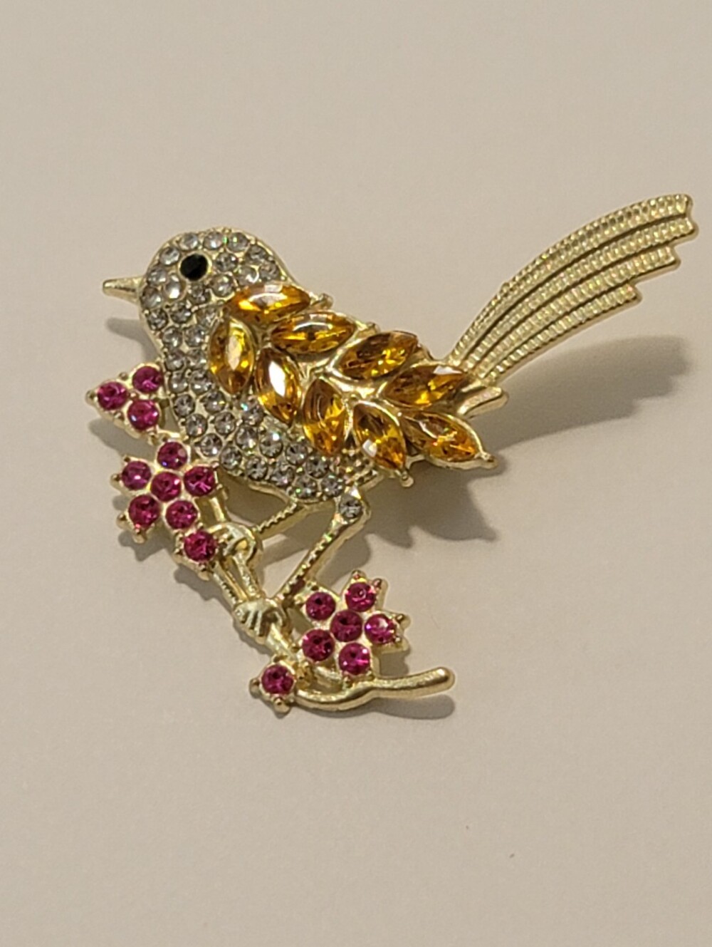 Crystal Bird Brooch with Clear, Pink & Amber Colored Crystals